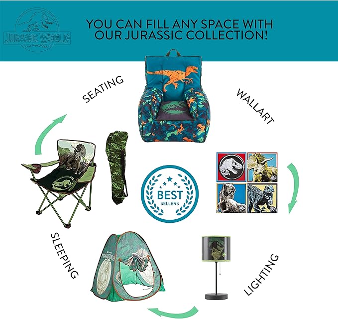 Idea Nuova Jurassic World 2 Kids Nylon Bean Bag Chair with Piping & Top Carry Handle, Blue, 18" H x 18" W - LeafyLoom