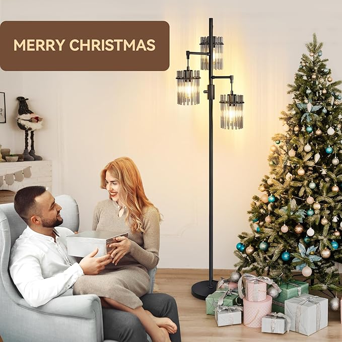 Industrial Modern Floor Lamps for Living Room, Dimmable Glass Tree Standing Tall Lamps with 3 Elegant Teardrop Cage Head & 800 Lumens LED Bulbs for Bedroom Office (66inch tall) - LeafyLoom