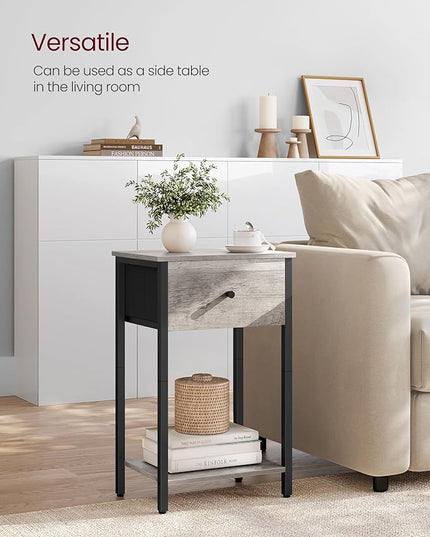 VASAGLE Nightstands, Set of 2, Side Table with Fabric Drawer, 24-Inch Tall End Table with Storage Shelf, Bedroom, Greige and Black ULGS221B02 - LeafyLoom