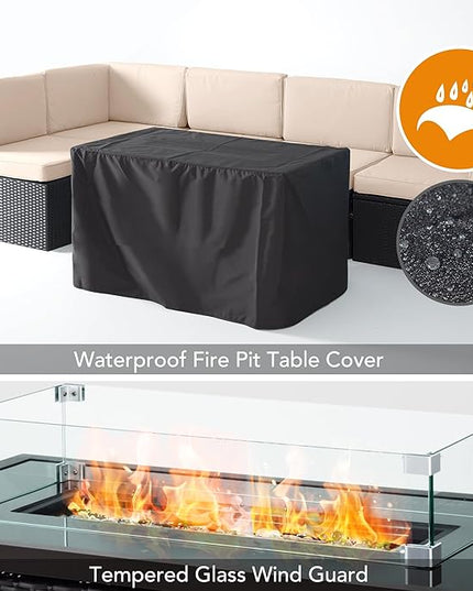 Pamapic 8 Pieces Patio Furniture Set Conversation Sofa with 42 Inch 50,000 BTU Auto-Ignition Outdoor Fire with Glass Wind Guard, Wicker Sofa (Black Wicker, Beige Cushions) - LeafyLoom
