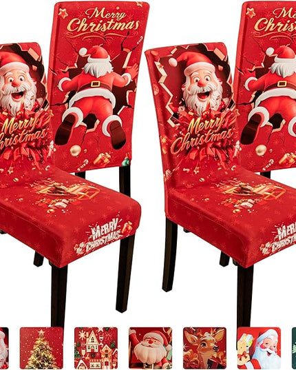 4PCS Christmas Dining Chair Covers Stretch Removable Washable Dining Room Chair Protector Slipcover 3D Print Santa Claus Deer Kitchen Chair Cover Slipcovers Protector for Xmas Holiday Party Home Décor CZL