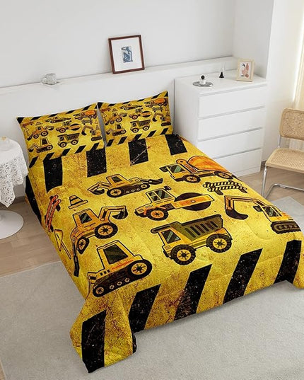 Boys Excavator Bedding Set Queen Size Kids Construction Vehicles Comforter For Kids Children Cartoon Machinery Truck Comforter Set Construction Site Cars Tractor Duvet Set 3Pcs With 2 Pillow Cases - LeafyLoom