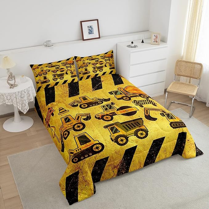 Tractor Bedding Set Full Size, Equipment Truck Comforter Set, Construction Excavator Down Comforter, Yellow Vehicle Super Soft Quilt Set For Kids Boys Teens, Construction Site Car Comforter Decor - LeafyLoom