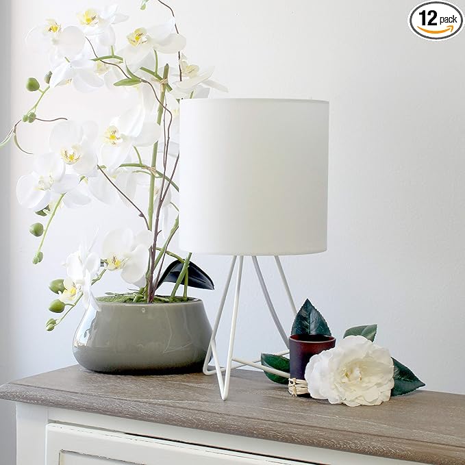 Simple Designs LT2066-WOW 14" Down to the Wire Metal Table Lamp with Fabric Shade, White with White Shade (Pack of 12) - LeafyLoom