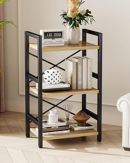 Bookshelf, 3 Tier Industrial Bookcase, Metal Small Bookcase, Rustic Etagere Book Shelf Storage Organizer for Living Room, Bedroom, and Home Office(Light Coffee) Patent Pending D29873033 - LeafyLoom