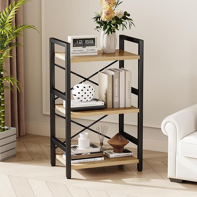Bookshelf, 3 Tier Industrial Bookcase, Metal Small Bookcase, Rustic Etagere Book Shelf Storage Organizer for Living Room, Bedroom, and Home Office(Light Coffee) Patent Pending D29873033 - LeafyLoom