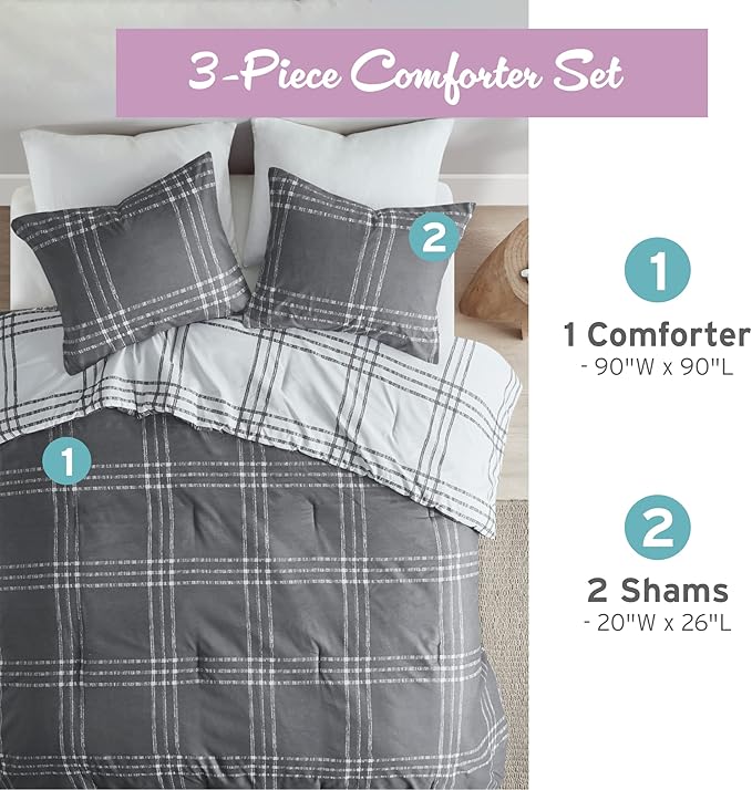 Intelligent Design Pike Reversible Comforter Set, Cottage Plaid Print, Modern Cabin Lifestyle, Down Alternative, All Season Bedding with Matching Sham, Full/Queen White/Grey 3 Piece - LeafyLoom