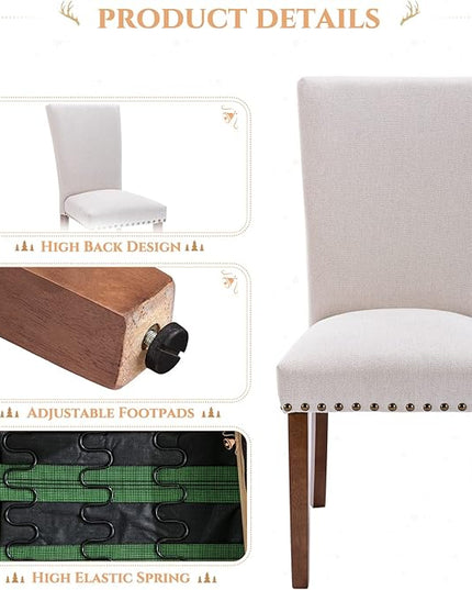 Parsons Dining Chairs Set of 4, Upholstered Nailhead Dining Room Kitchen Side Chair with Thick Cushions and Wood Legs, Beige - LeafyLoom
