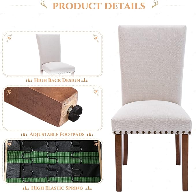 Parsons Dining Chairs Set of 6, Upholstered Nailhead Dining Room Kitchen Side Chair with Thick Cushions and Wood Legs, Beige - LeafyLoom