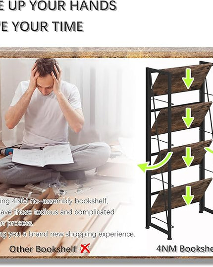 4NM No-Assembly Folding Bookshelf Storage Shelves 4 Tiers Vintage Bookcase Standing Racks Study Organizer Home Office (Rustic Brown and Black) - LeafyLoom