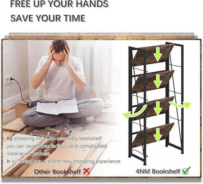4NM No-Assembly Folding Bookshelf Storage Shelves 4 Tiers Vintage Bookcase Standing Racks Study Organizer Home Office (Rustic Brown and Black) - LeafyLoom