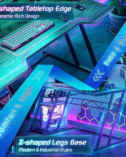 armocity 55'' Gaming Desk with Hutch and LED Lights, Gaming Computer Desk with Storage Shelves & Z-Shaped Legs, Reversible PC Gaming Desk with Pegboard, Ergonomic Desk for Bedroom, Grey Oak - LeafyLoom