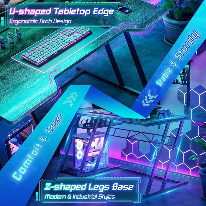 armocity Gaming Computer Desk with Storage Shelves & Z-Shaped Legs, Gaming Desk with Hutch and LED Lights, Reversible PC Gaming Desk with Pegboard for Bedroom & Small Spaces, 47'', Grey Oak - LeafyLoom