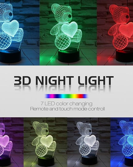 Night Light 3D lamp 7 Colors Changing Nightlight with Smart Touch & Remote Control 3D Night Light for Kids or as Gifts for Women Kids Girls Boys (Teddy Bear) - LeafyLoom
