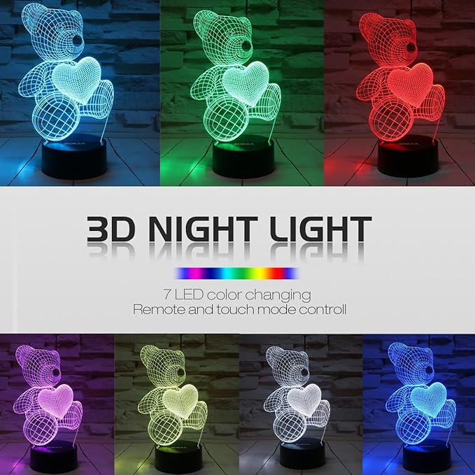 Night Light 3D lamp 7 Colors Changing Nightlight with Smart Touch & Remote Control 3D Night Light for Kids or as Gifts for Women Kids Girls Boys (Teddy Bear) - LeafyLoom