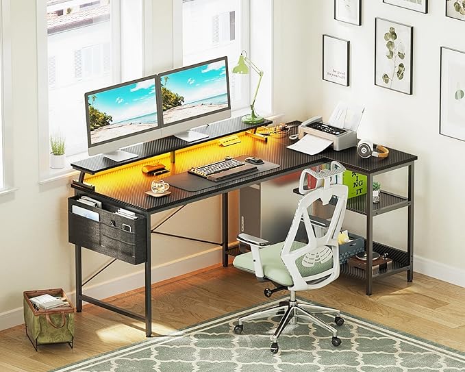 ODK 58 Inch Gaming Desk with USB Charging Ports and LED Lights, Reversible L Shaped Computer Desk with Storage Shelves & Monitor Stand, Corner Gamer Desk Table with Power Outlets, Carbon Fiber Black - LeafyLoom