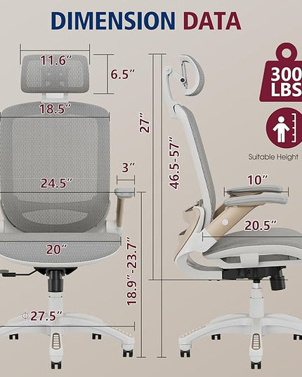 GABRYLLY Ergonomic Office Chair, High Back Home Desk Chair with Headrest, Flip-Up Arms, 90-120° Tilt Lock and Wide Cushion, Big and Tall Mesh Chairs for Man Woman, White Task Chair - LeafyLoom