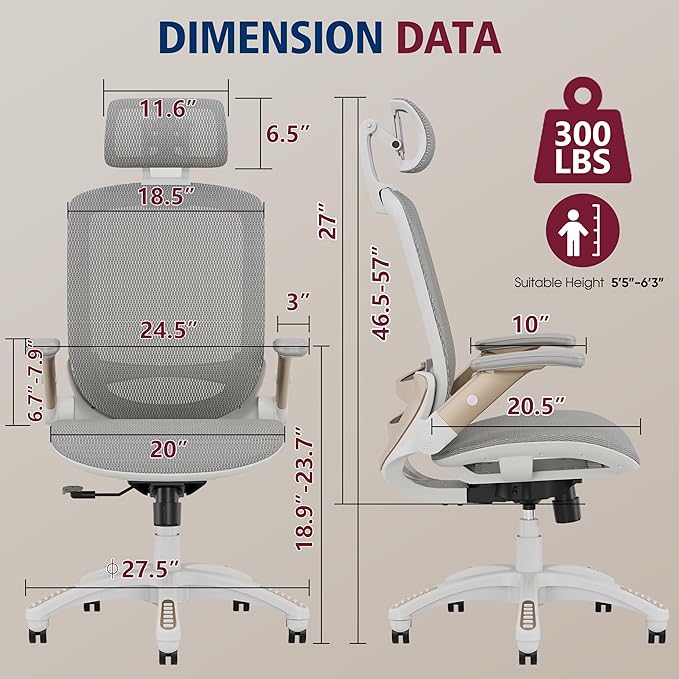 GABRYLLY Ergonomic Office Chair, High Back Home Desk Chair with Headrest, Flip-Up Arms, 90-120° Tilt Lock and Wide Cushion, Big and Tall Mesh Chairs for Man Woman, White Task Chair - LeafyLoom