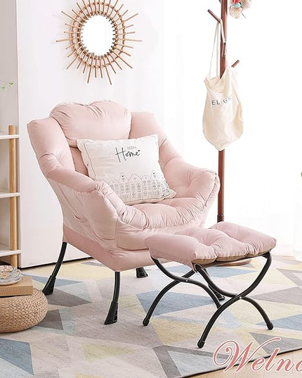 Welnow Lazy Chair with Ottoman, Modern Lounge Accent Chair with Armrests and a Side Pocket, Leisure Upholstered Sofa Chair Set, Reading Chair with Footrest for Small Space, Corner Chair, Pink - LeafyLoom