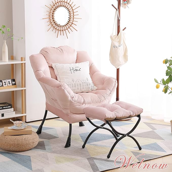 Welnow Lazy Chair with Ottoman, Modern Lounge Accent Chair with Armrests and a Side Pocket, Leisure Upholstered Sofa Chair Set, Reading Chair with Footrest for Small Space, Corner Chair, Pink - LeafyLoom