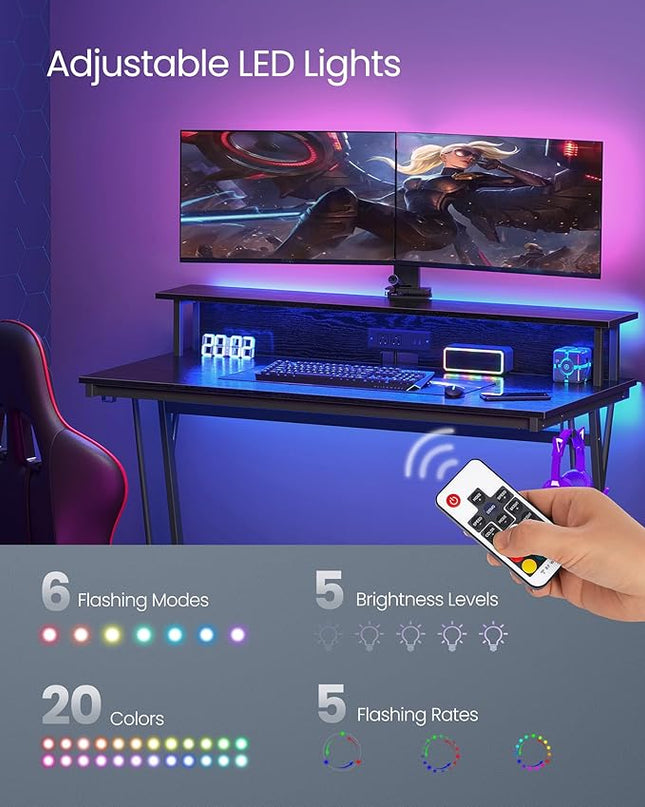 VASAGLE LED Gaming Desk with Power Outlets, Computer Desk with USB Ports, Office Desk with Monitor Stand for 2 Monitors, with Hooks, for Bedroom, 23.6 x 47.2 x 29.5 Inches Ebony Black ULWD092B56 - LeafyLoom