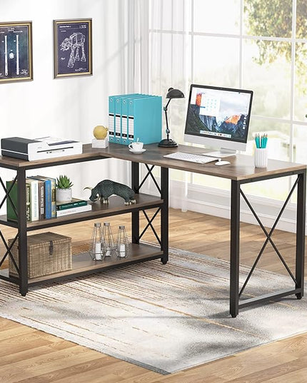 Tribesigns Reversible Industrial L-Shaped Desk with Storage Shelves, Corner Computer Desk PC Laptop Study Table Workstation for Home Office Small Space (Grey, 53") - LeafyLoom