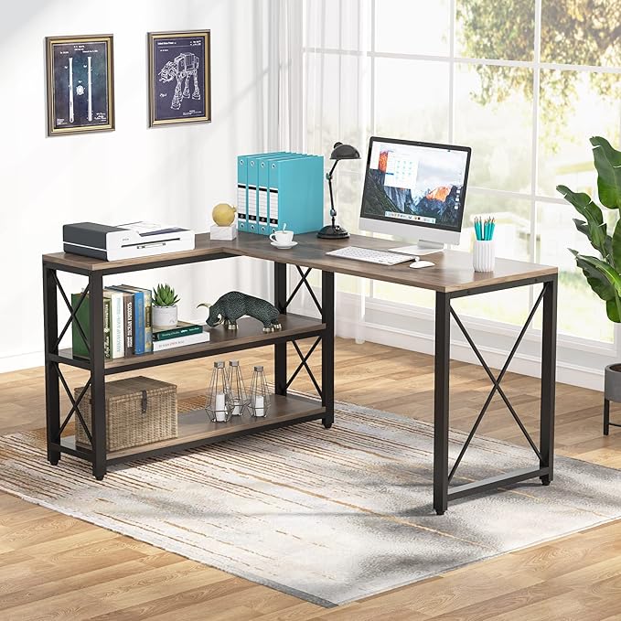 Tribesigns Reversible Industrial L-Shaped Desk with Storage Shelves, Corner Computer Desk PC Laptop Study Table Workstation for Home Office Small Space (Grey, 53") - LeafyLoom