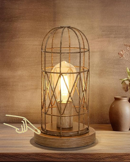 Touch Control Table Lamp Small Lamp for Small Spaces 3 Way Dimmable Nightstand Lamp Farmhouse Bedside Lamp for Bedroom Living Room, Simple Desk Lamp with Brushed Rustic Wood Cage Shade, Bulb Included - LeafyLoom