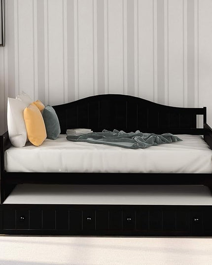 Twin Size Wooden Daybed, with Trundle and Wood Slat Support, Traditional Lodge Beadboard Design & Classic Arch Profile, Suitable for Children's Room, Guest-Room, Living-Room - LeafyLoom