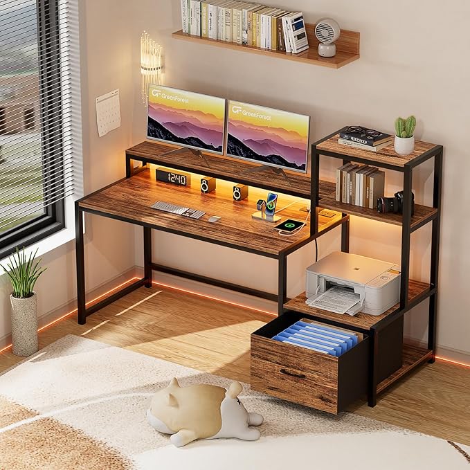 GreenForest Computer Desk with Drawer and Printer Shelf, 68.8 inch Home Office Desk with LED Lights and Power Outlets, Desk with Storage for Study Gaming Working, Walnut - LeafyLoom