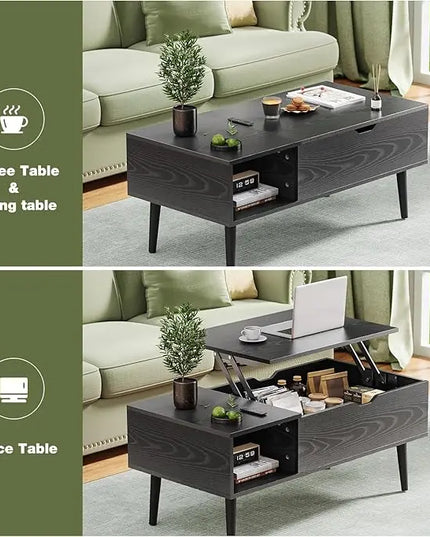 OLIXIS Modern Lift Top Coffee Table Wooden Furniture with Storage Shelf and Hidden Compartment for Living Room Office, Black - LeafyLoom