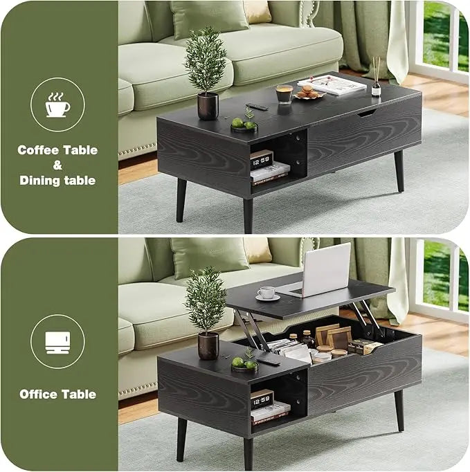 OLIXIS Modern Lift Top Coffee Table Wooden Furniture with Storage Shelf and Hidden Compartment for Living Room Office, Black - LeafyLoom