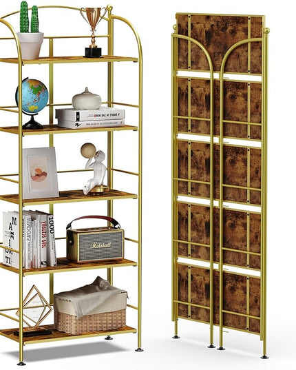 FRAPOW Folding Bookshelf No Assembly, 5 Tier Shelf Gold Collapsible Bookcase, Arched Metal Display Tall Book Shelf with Storage Shelves for Bedroom, Living Room, Home Office, Dorm - LeafyLoom