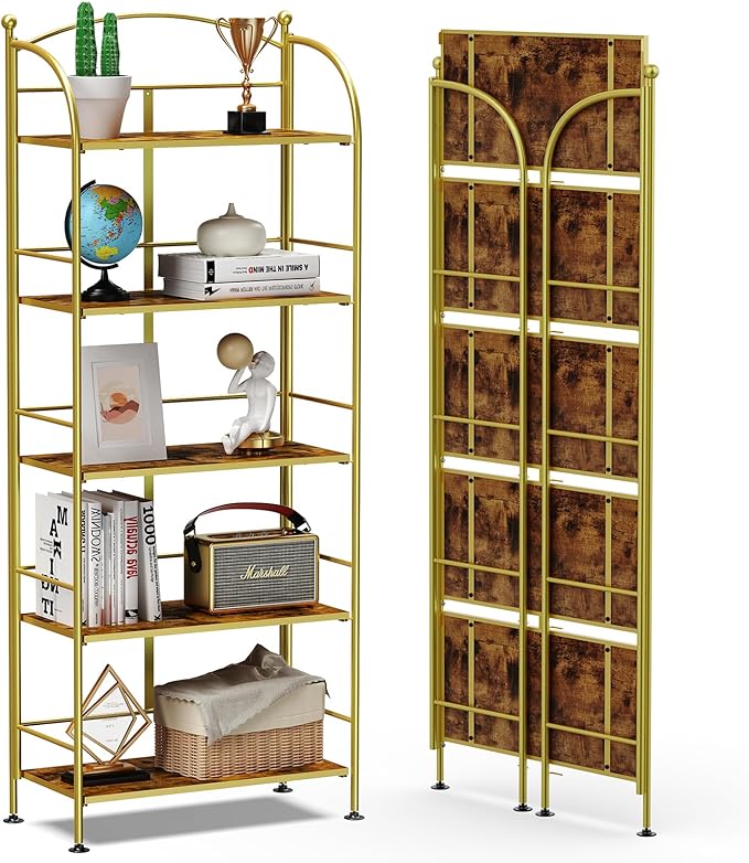 FRAPOW Folding Bookshelf No Assembly, 5 Tier Shelf Gold Collapsible Bookcase, Arched Metal Display Tall Book Shelf with Storage Shelves for Bedroom, Living Room, Home Office, Dorm - LeafyLoom
