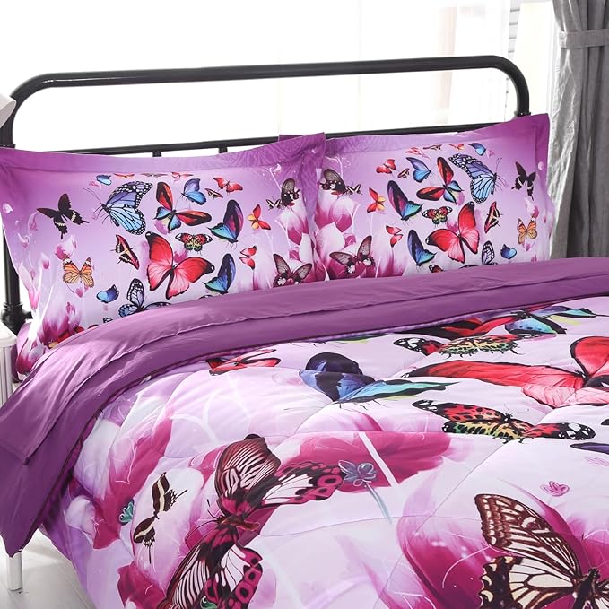 ENCOFT Butterfly Comforter Queen Size, 3 Pieces Girls Teen Kids Quilted Bedspread Queen Bed Comforter Bedding Sets, All Seasons Microfiber Purple Butterfly Bedding Set, with Pillowcase - LeafyLoom