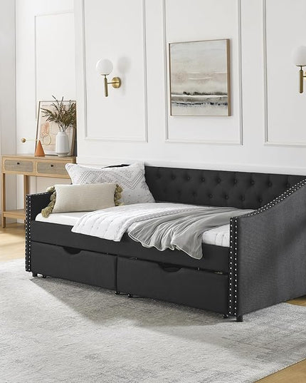Twin Size Daybed with Two Storage Drawers, Linen Upholstered Tufted Sofa Bed w/Button on Back and Copper Nail on Waved Shape Arms, for Bedroom Living Room, No Box Spring Needed, Black - LeafyLoom