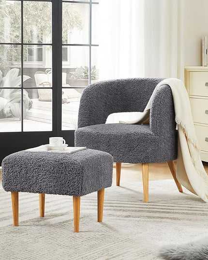 Accent Chair with Ottoman Teddy Fleece Upholstered Armchair Mid-Century Modern Comfortable Chairs and Ottoman Set with Wooden Legs for Living Room, Bedroom(Dark Grey) - LeafyLoom