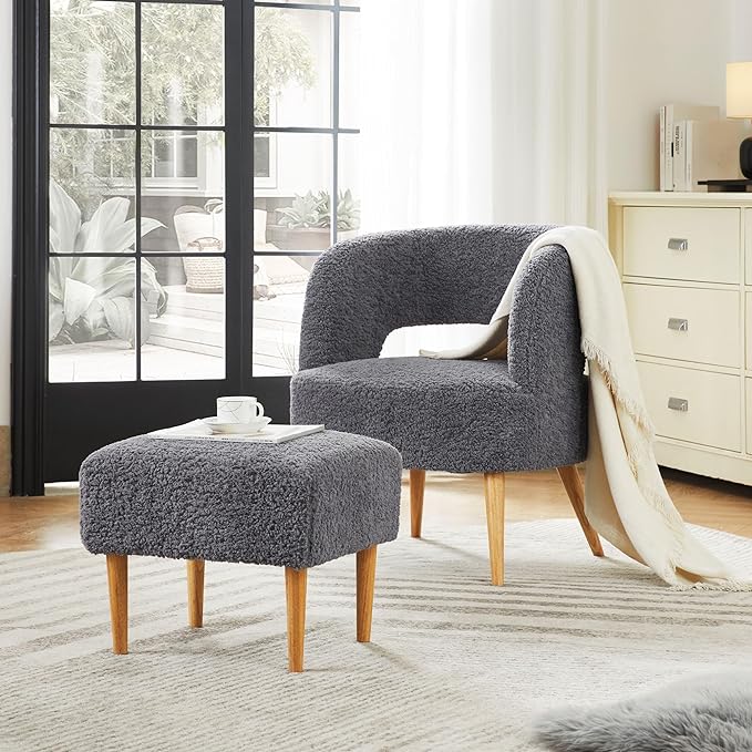 Accent Chair with Ottoman Teddy Fleece Upholstered Armchair Mid-Century Modern Comfortable Chairs and Ottoman Set with Wooden Legs for Living Room, Bedroom(Dark Grey) - LeafyLoom