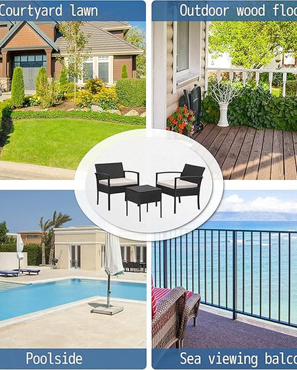 3 Pieces Patio Furniture Set, Balcony Furniture, Patio Bistro Set All-Weather Wicker Chairs Conversation Set with Cushions Table for Outdoor Backyard Porch Lawn (Black-Grey) - LeafyLoom