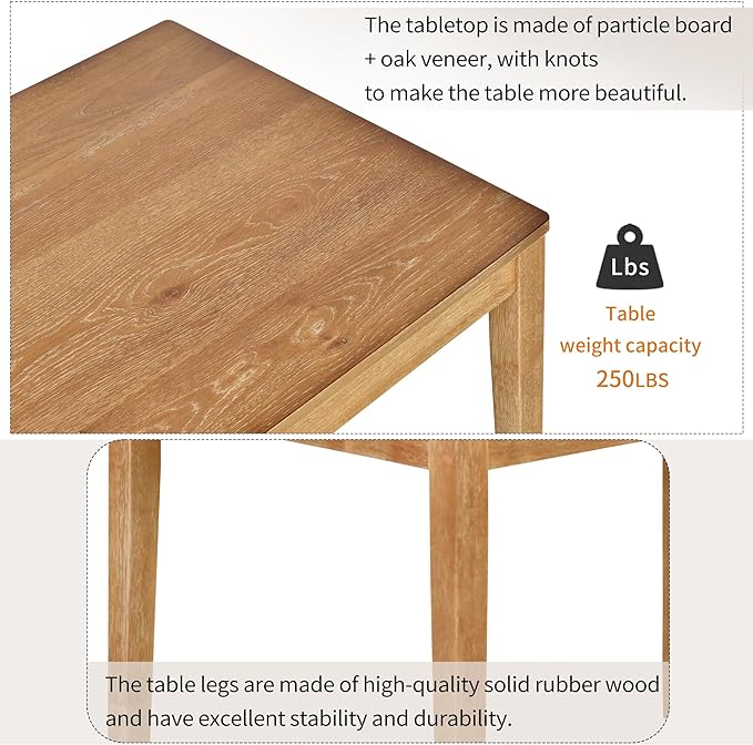 Minimalist Style, Wooden Rectangular 4 Upholstered Chairs and 1, Easy to Assembly, Room, Kitchen, Natural Wood, 5 Piece Dining Table Set - LeafyLoom