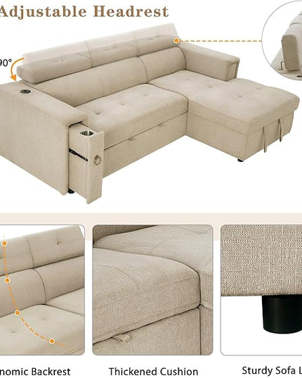 96“ L-Shape Sectional Sleeper Sofa with Pull out Bed, Adjustable Headrest &Storage Chaise, Linen Upholstered Convertible Couch w/Wireless Charging &Cup Holders, for Living Room Apartment - LeafyLoom
