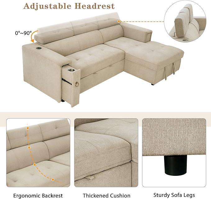 96“ L-Shape Sectional Sleeper Sofa with Pull out Bed, Adjustable Headrest &Storage Chaise, Linen Upholstered Convertible Couch w/Wireless Charging &Cup Holders, for Living Room Apartment - LeafyLoom