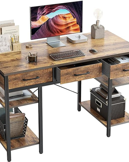 CubiCubi 47 Inch Computer Desk with 3 Drawers and Storage Shelves, Small Home Office Desk, Study Writing Table, Simple Desk for Bedroom, Rustic Brown - LeafyLoom