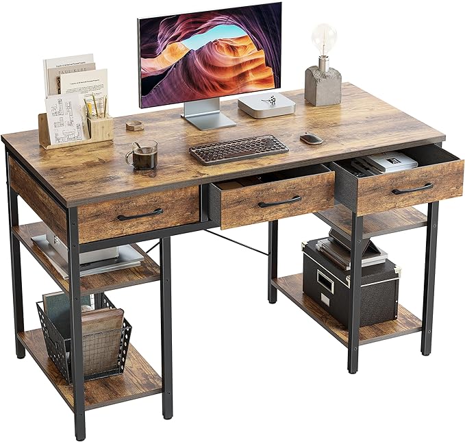 CubiCubi 47 Inch Computer Desk with 3 Drawers and Storage Shelves, Small Home Office Desk, Study Writing Table, Simple Desk for Bedroom, Rustic Brown - LeafyLoom