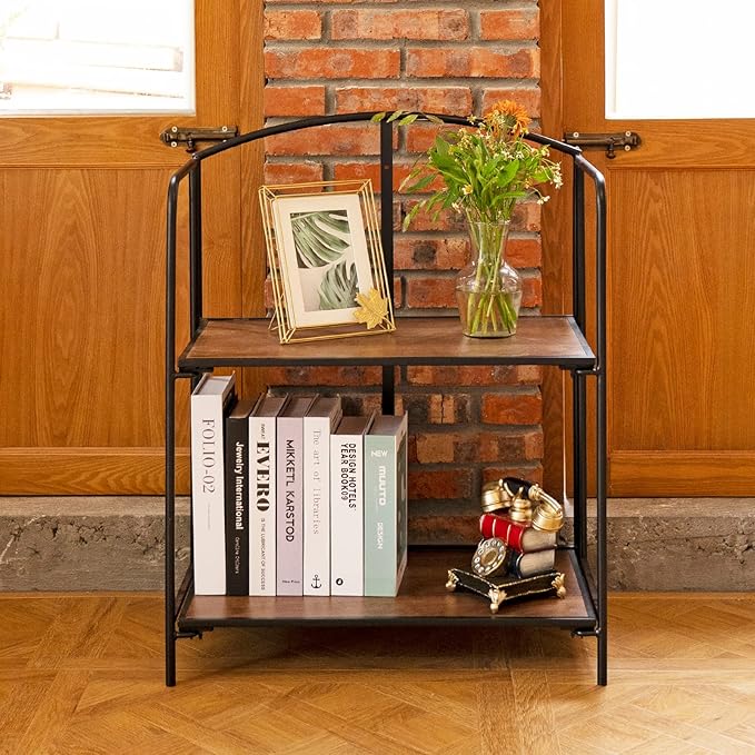 No Assembly Folding Bookshelf for Living Room, 2 Tier Black Collapsible Book Shelf for Home Office, Portable Bookcase Storage Organizer - LeafyLoom