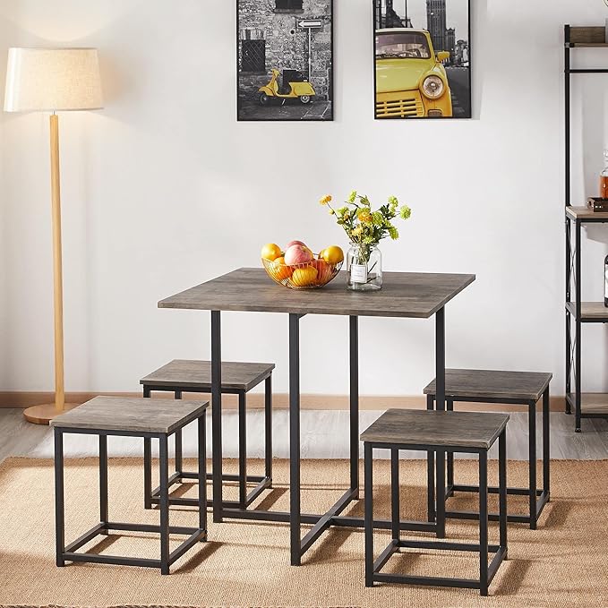 Yaheetech 5-Piece Dining Table Set with 4 Stools - Industrial Compact Kitchen Table & Chairs Sets, Space-Saving Design for Apartment, Small Space, Breakfast Nook, Drift Brown - LeafyLoom