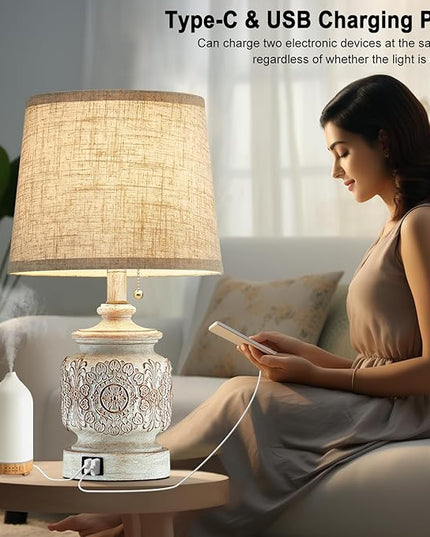 19.5" Farmhouse Vintage Table Lamps for Living Room Set of 2 Traditional Rustic Bedside Lamps for Bedrooms Nightstand with USB Ports Carved Floral Night Light Lamp for Office Decor,Pull Chain - LeafyLoom