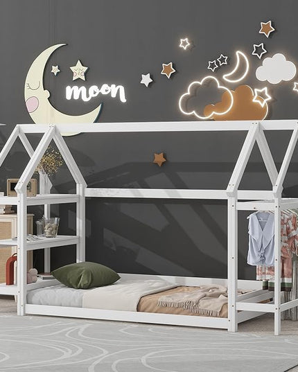 Twin Size Wood House Bed,Wood Platform Bed with Storage Shelves and Hanger,Floor Twin Size Montessori Bed Frame, Kids Boys Girls Bedroom,Living Room,No Box Spring Required,White - LeafyLoom
