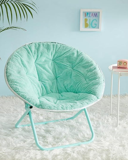 Faux Fur with Holographic Trim Foldable Saucer Chair, Teal - LeafyLoom