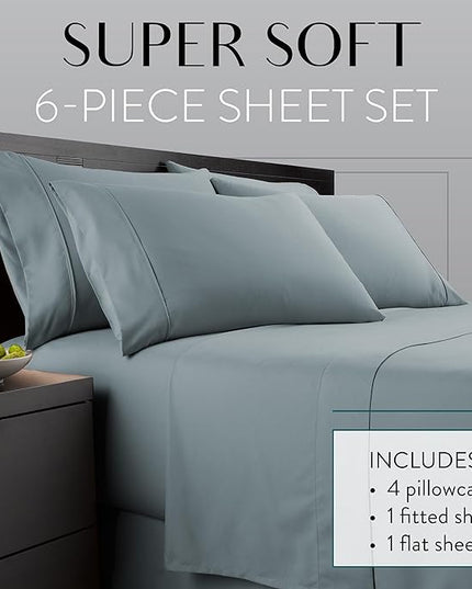 Danjor Linens King Size Sheets Set - 6 Piece Set Including 4 Pillowcases - Deep Pockets - Breathable, Soft Bed Sheets - Wrinkle Free - Machine Washable - Spa Blue King Bed Sheets - 6pc - LeafyLoom